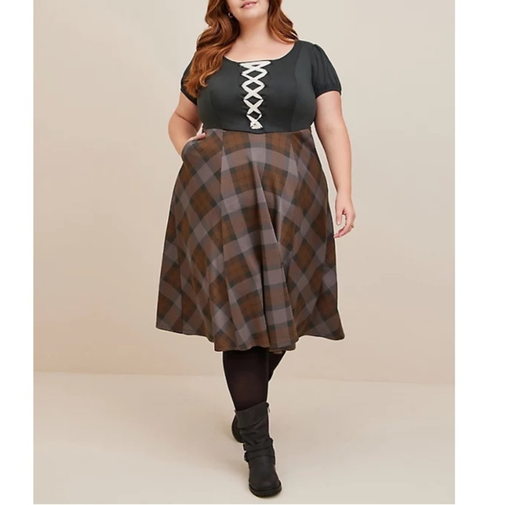 Plus Size Black and Brown Plaid Fit-and-Flare Dress